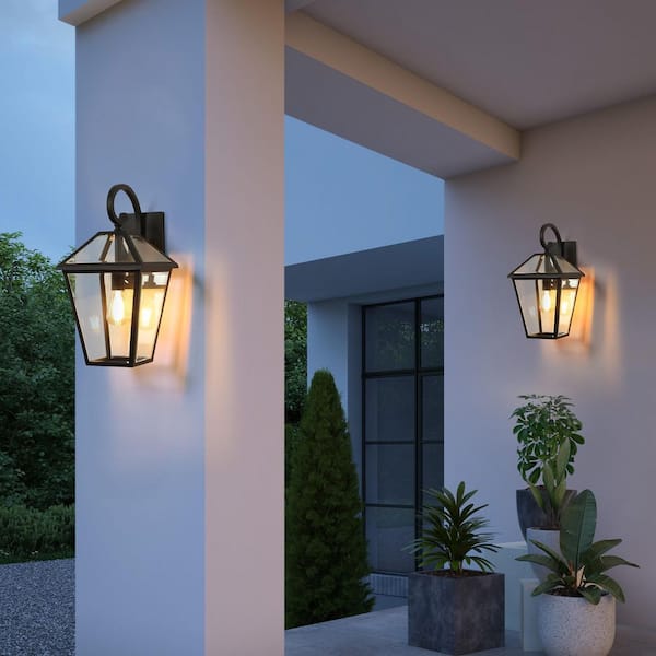 Byteany 17 in. 2-Light Black Hardwired Outdoor Wall Light Lantern Sconce with E26 Bulb (No Bulb Included)