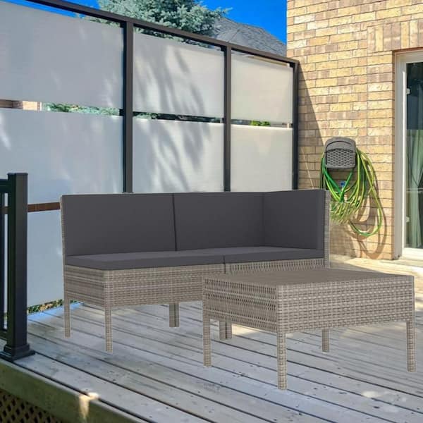 Benjara 3-Piece Gray Wicker Rattan Outdoor Patio Sectional Sofa with Table and Dark Gray Cushions