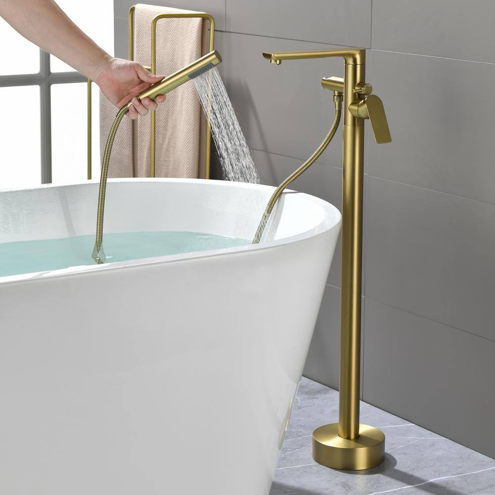 Brushed Gold Freestanding Tub Filler Faucet with Handheld Shower