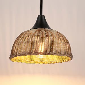 Farmhouse 1-Light Black Island Pendant Light with Natural Rattan Shade