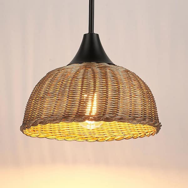 pasentel Farmhouse 1-Light Black Island Pendant Light with Natural Rattan Shade