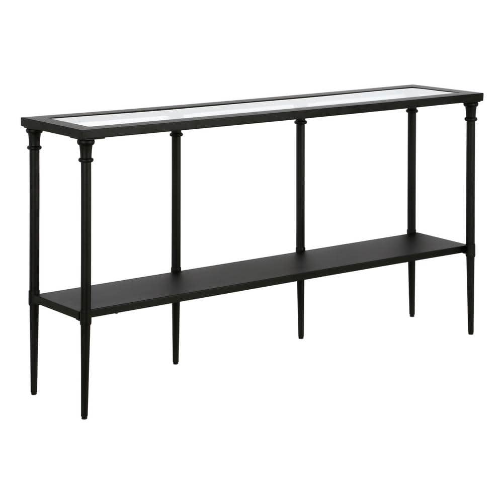 Blackened Bronze 55" Steel and Glass Console Table with Shelf