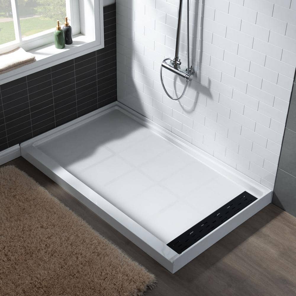 48" White Rectangular Shower Pan with Matte Black Drain Cover