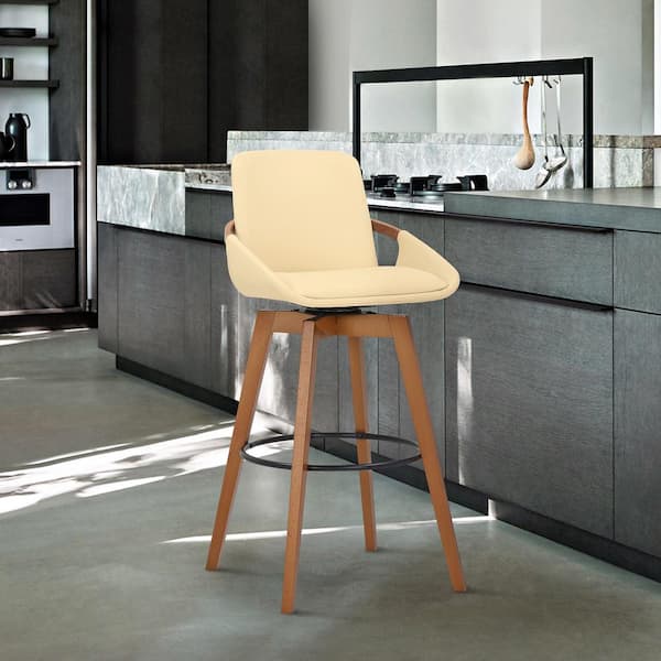 Armen Living Baylor Swivel Wood Bar or Counter Height Stool in Faux Leather