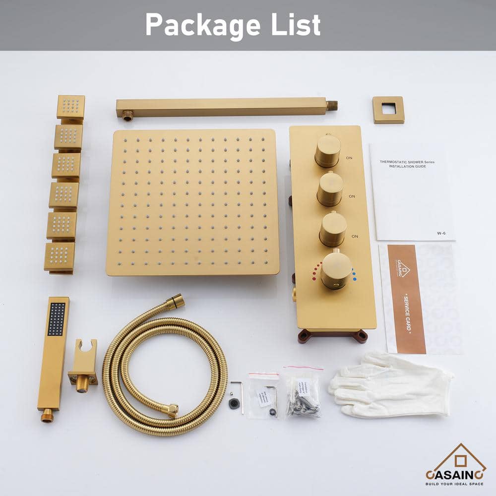 Brushed Gold Thermostatic Wall Mounted Rainfall Shower System with Body Jets