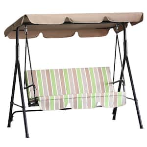 3-Seat Outdoor Patio Swing Chair with Multi-Colored Cushion Metal Frame Stand and Adjustable Tilt Canopy