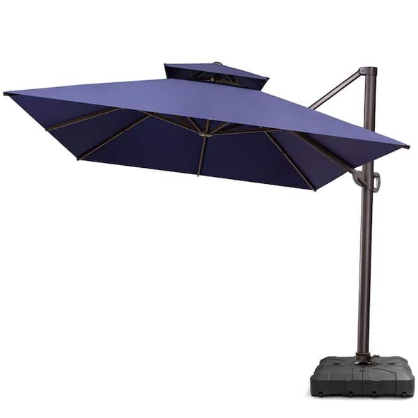 10 ft. x 13.5 ft. Aluminum Heavy Duty 360° Rotation Double-Top Cantilever Patio Umbrella in Navy Blue and Umbrella Stand