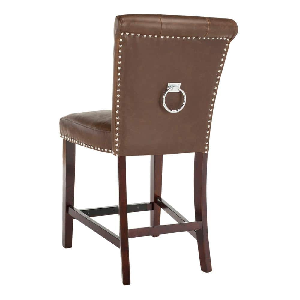 Transitional Tufted Brown Leather Counter Stool - Set of 2