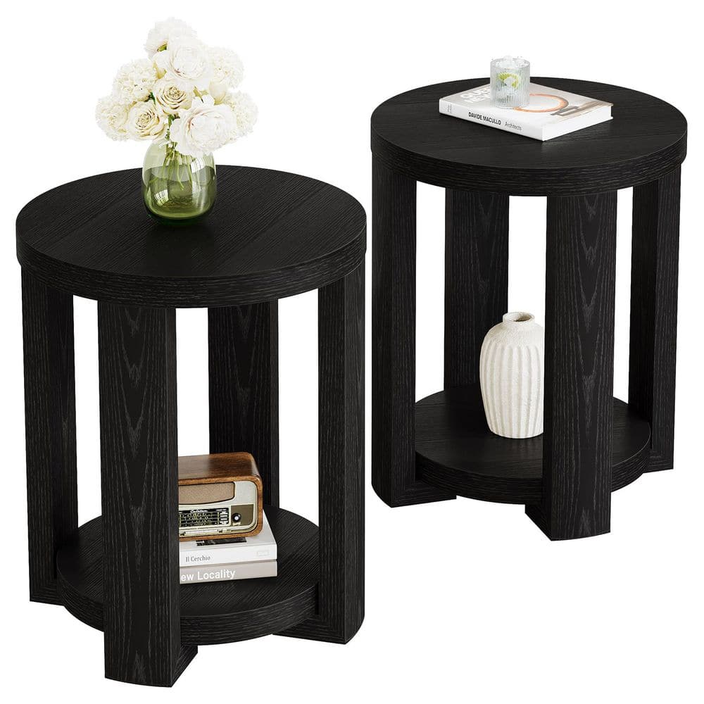 Kerlin 19.7 in. Black Round MDF Side Table with Shelf, End Table Set of 2 for Living Room, Bedroom