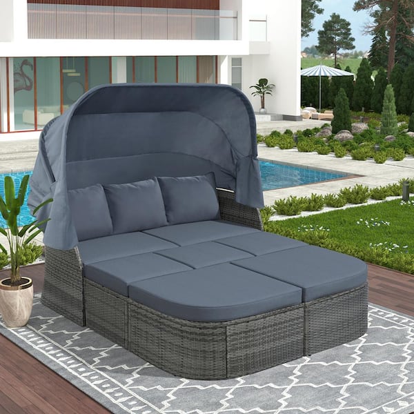 Wateday Patio 6-Piece Wicker Outdoor Day Bed Set with Gray Cushions