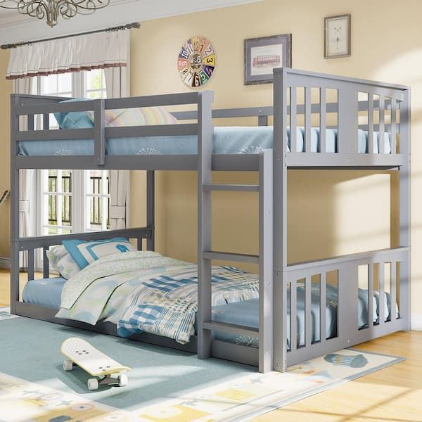 Harper & Bright Designs Gray Twin Over Twin. Wood Low Bunk Bed with Ladder