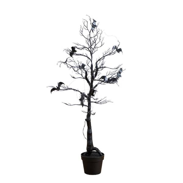 4ft. Pre-Lit Artificial Halloween Black Spooky Twig Tree with Bats and 120 Orange and Purple LED Lights