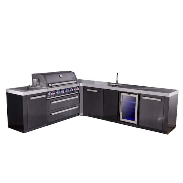 Black 6-Burner L-Shaped 94 in. x 113 in. Outdoor Kitchen with Refrigerator Propane Gas Grill Island in Stainless Steel
