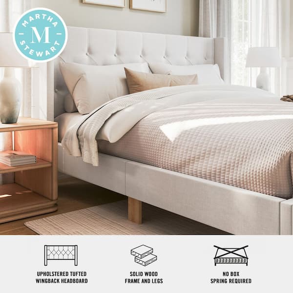 Carmy White Wood Frame King Platform Bed with Tufted Wingback Headboard and Cushioned Siderails, Wood Slat Foundation