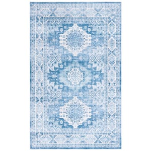 Arizona Light Blue/Blue 5 ft. x 8 ft. Distressed Border Ornate Machine Washable Area Rug