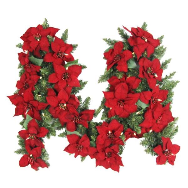Home Accents Holiday 9 ft. Battery Operated Artificial Poinsettia Garland with 50 Clear LED Lights