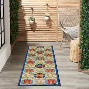 Aloha Easy-Care Blue/Multicolor 2 ft. x 8 ft. Kitchen Runner Floral Modern Indoor/Outdoor Patio Area Rug