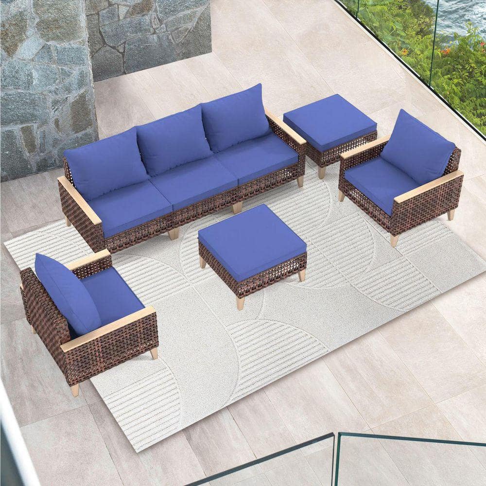 Tenleaf 7-Piece Wicker Patio Conversation Set with Blue Cushions FCBF15 ...