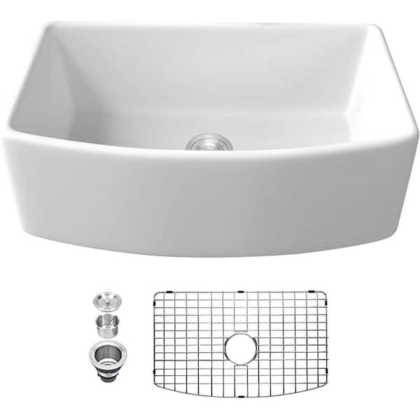 LORDEAR White Fireclay 30 in. Single Bowl Farmhouse Apron Kitchen Sink with Bottom Grid