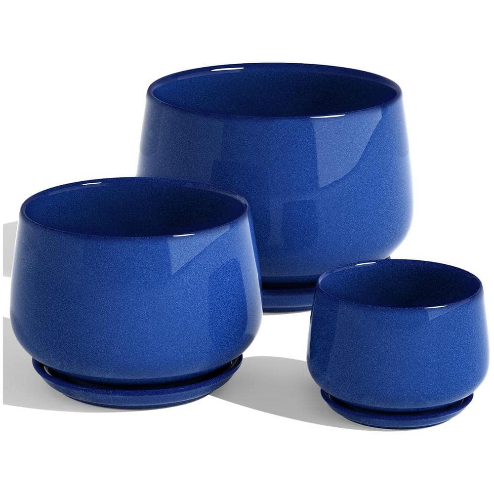 Sapphire Blue Ceramic Indoor/Outdoor Plant Pot with Drainage Hole and Sauce
