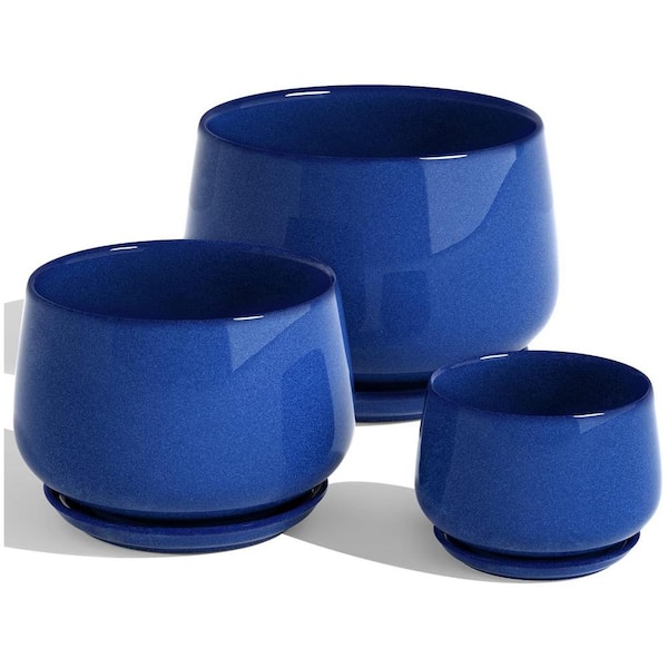 Sapphire Blue Ceramic Indoor/Outdoor Plant Pot with Drainage Hole and Saucer (3-Pack)