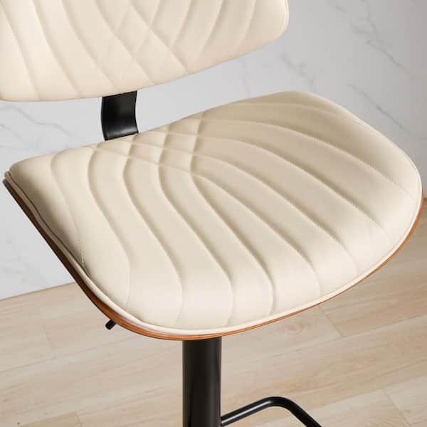 26 in. Beige Leather Walnut Bentwood Swivel Bar Stools Mid Century Modern Adjustable Height (1 Chair)