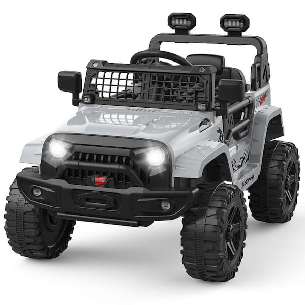 Ride on Truck Car 12-Volt Kids Electric Vehicles with Remote Control Spring Suspension, LED Lights, Bluetooth, Grey