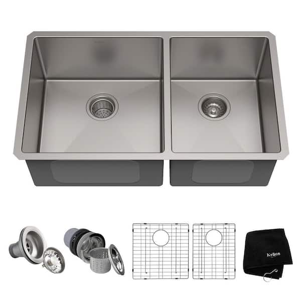 KRAUS Standart PRO 33in. 16 Gauge Undermount 60/40 Double Bowl Stainless Steel Kitchen Sink