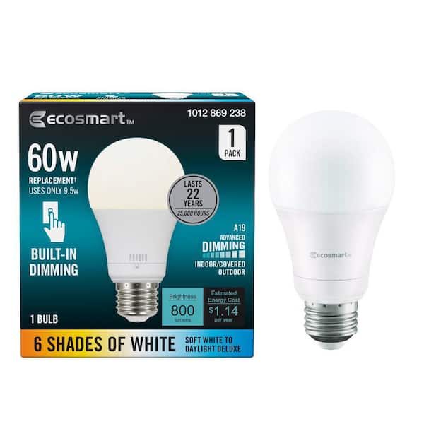 60-Watt Equivalent A19 E26 Base Dimmable and Built in Dimming LED Light Bulb with Selectable Color Temperature (1-Pack)