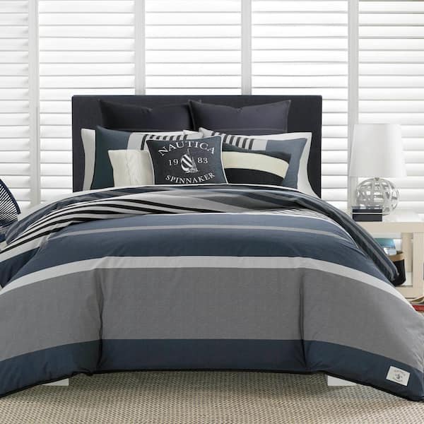 Rendon 3-Piece Charcoal Gray Striped Cotton Full/Queen Comforter Set