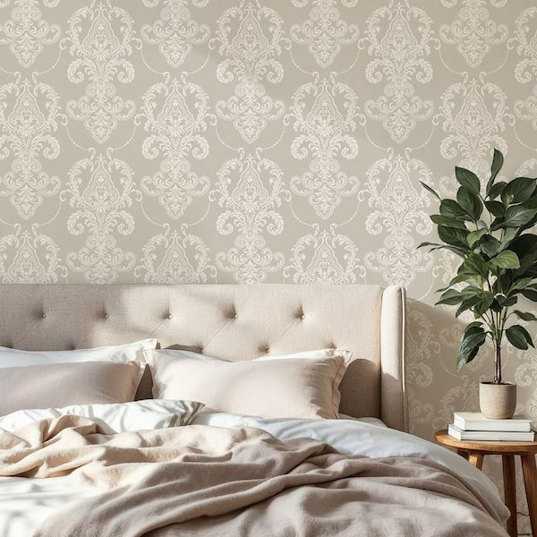 Valda Taupe Embroidered Damask Wallpaper