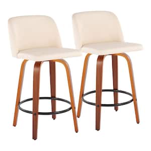 Toriano 35 in. Cream Faux Leather and Walnut Wood-Counter Height Bar Stool with Round Black Footrest (Set of 2)