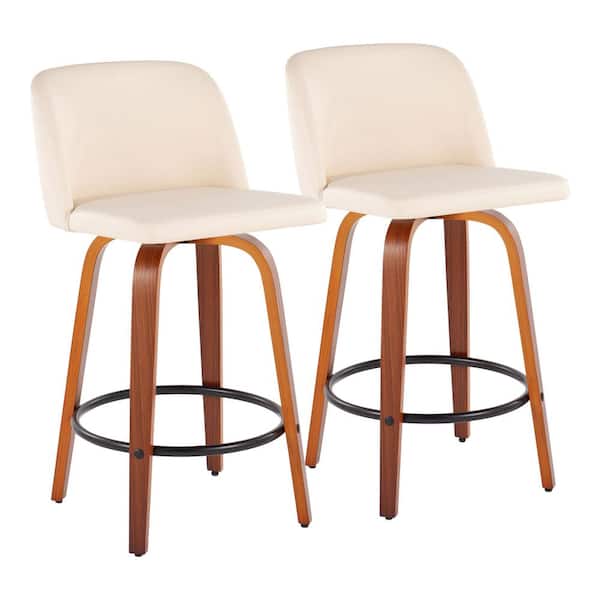 Lumisource Toriano 35 in. Cream Faux Leather and Walnut Wood-Counter Height Bar Stool with Round Black Footrest (Set of 2)