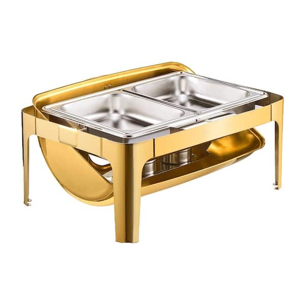 Roll-Top Rectangular Chafing Dish Set, 9 Qt, Stainless Steel, Full-Size Pan, Folding Stand, Fuel Holder