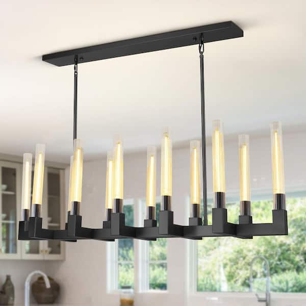 PUYRNF 54 in. 12-Light Black Linear Dining Room Chandelier with Glass Tube, Rectangular Industrial Kitchen Island Chandelier