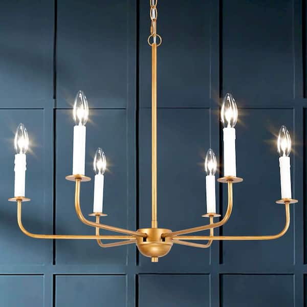 Uolfin Mid-Century Candlestick Dining Room Chandelier 6-Light Antique Gold Rustic Chandelier with Art Lamp Holders