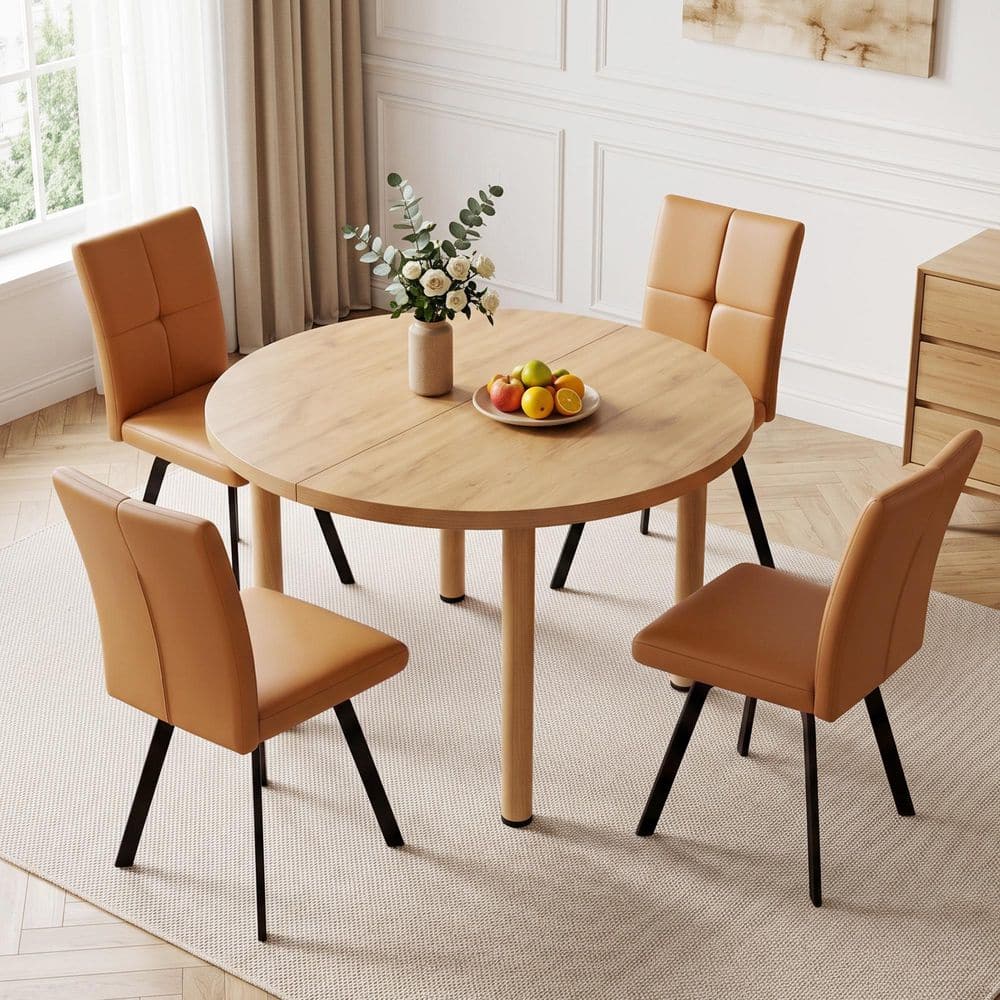 5-Piece Oak Round MDF Top Dining Table Set with 4 Leather Brown Chairs price history on PriceWatchPro