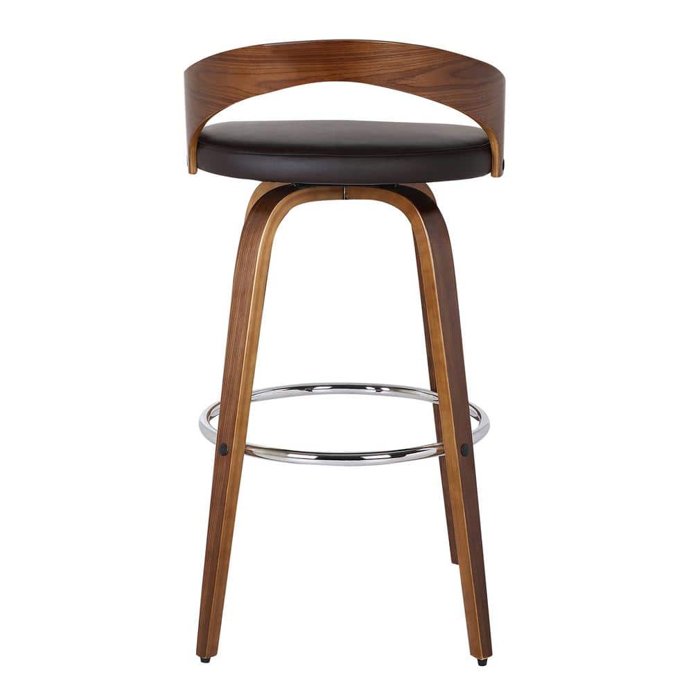 Walnut Wood Finish Swivel Counter Stool with Brown Faux Leather