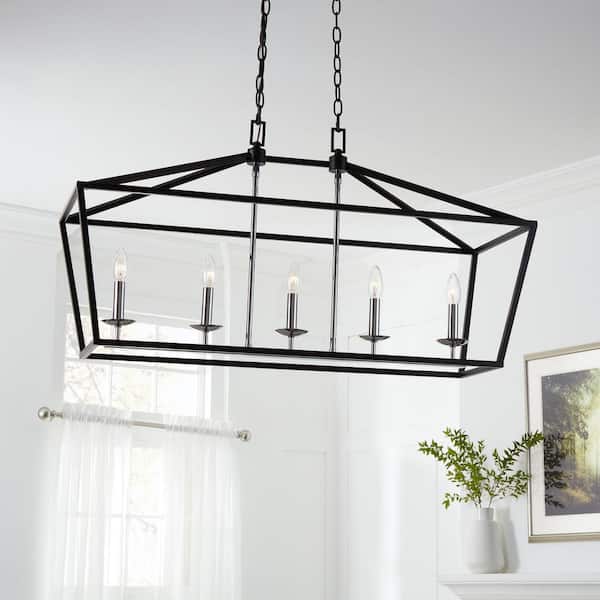 Home Decorators Collection Weyburn 36 in. 5-Light Black and Polished Chrome Farmhouse Linear Chandelier Light Fixture with Caged Metal Shade