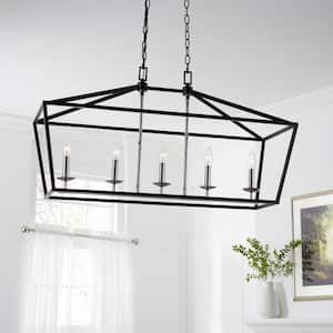 Weyburn 36 in. 5-Light Black and Polished Chrome Farmhouse Linear Chandelier Light Fixture with Caged Metal Shade