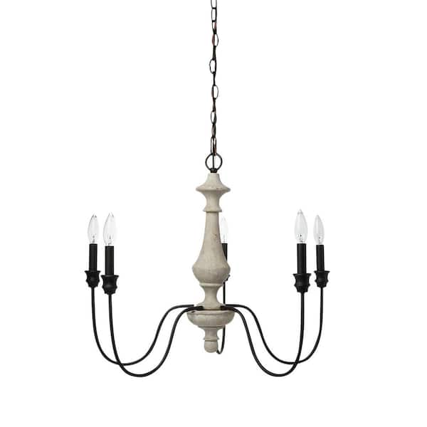 Robert Stevenson Lighting 5-Light Matte Black and Distressed White Chandelier 2-Tone Metal
