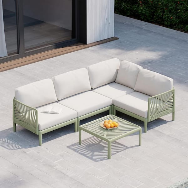 Frond and Form Outdoor Patio Green 4-Piece Poly Plastic All Weather Sectional Set w/ Ivory Cushions