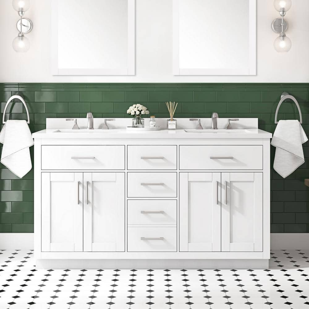 Bailey 60 in. W x 22 in. D x 34 in. H Double Sink Bath Vanity in White with White Quartz Top and Outlet -  OVE Decors, 15VVA-BAIL60-00