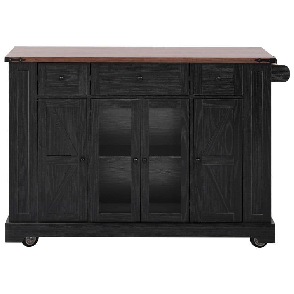 Black Kitchen Cart with Tempered Glass Cabinet Doors, Power Outlet, Drop Le