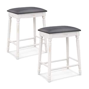 24 in. White and Gray Wood Bar Stool with Faux Leather Seat (Set of 2)
