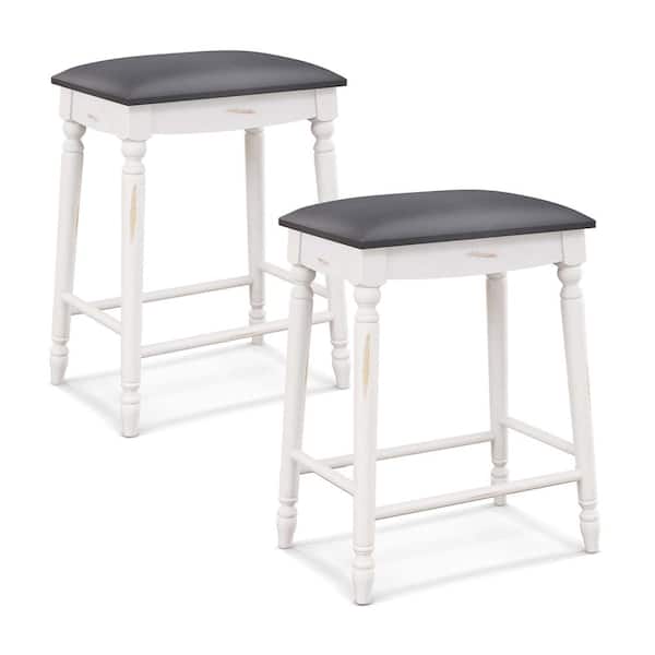Costway 24 in. White and Gray Wood Bar Stool with Faux Leather Seat (Set of 2)