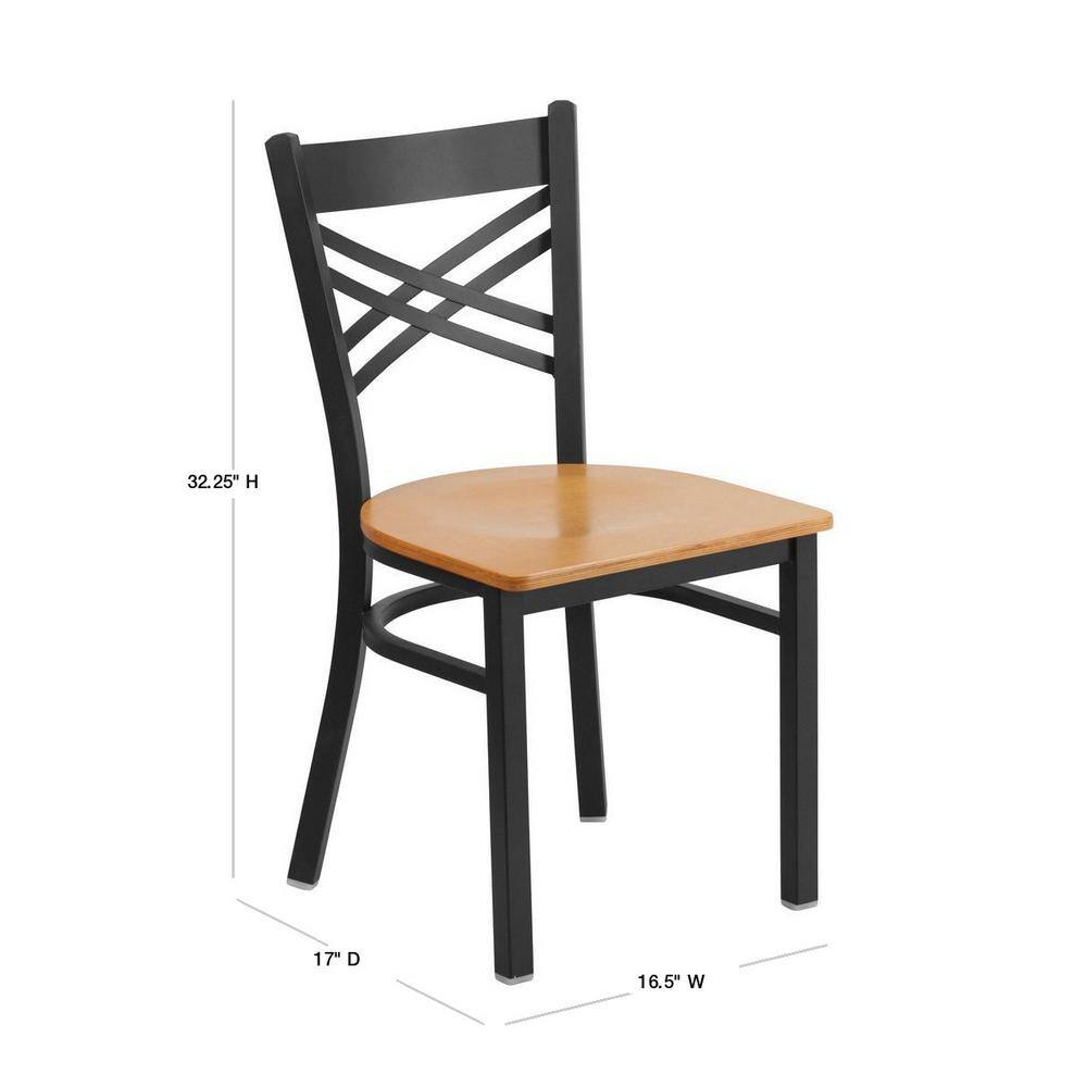 High Black Metal Cross Back Side Chair with Natural Wood Seat