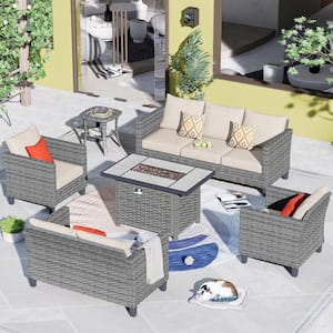 New Star Gray 6-Piece Wicker Patio Rectangle Fire Pit Conversation Seating Set with Beige Cushions