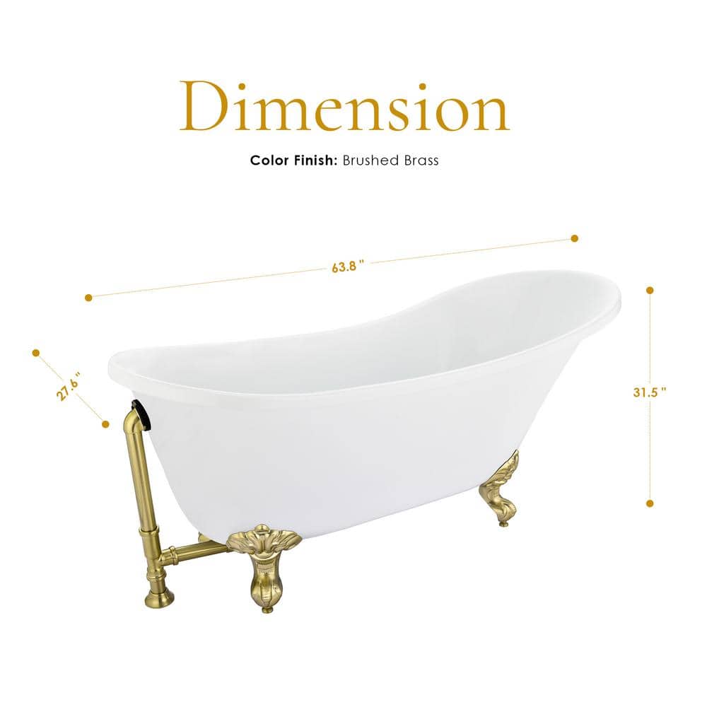 Fandi 64" White Acrylic Clawfoot Soaking Bathtub with Brass Feet
