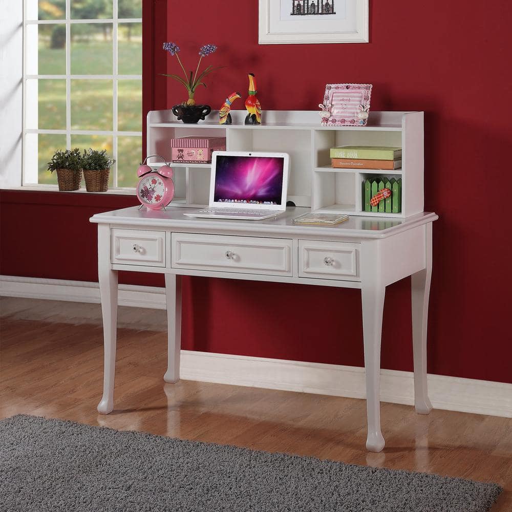 Transitional White Home Office Desk with 3 Sparkling Drawers